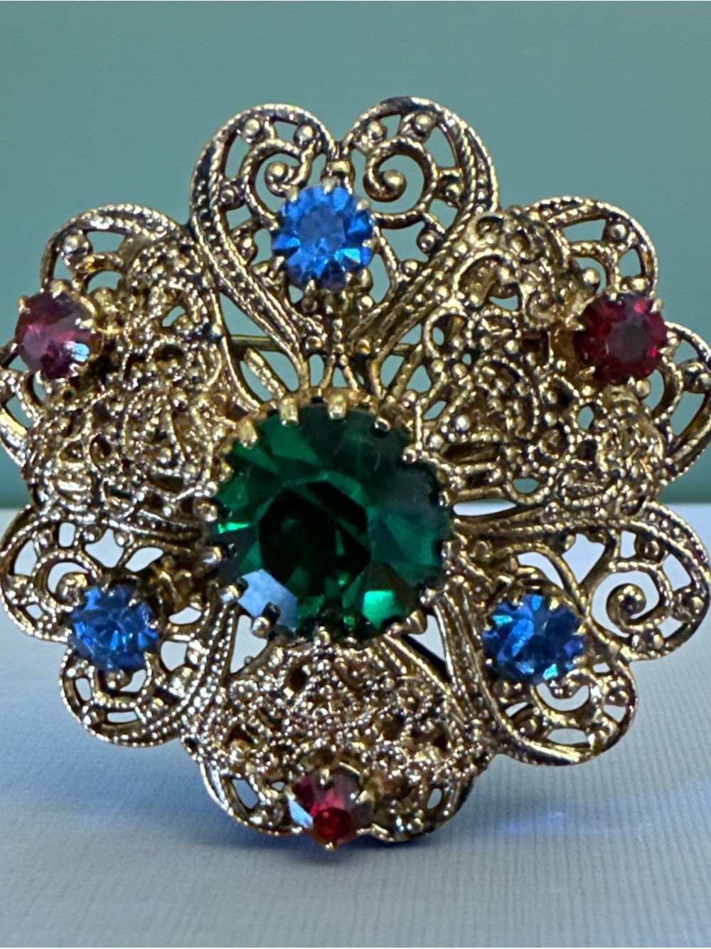 Vintage Czechoslovakia Brass Filigree Brooch Rhinestone Pin